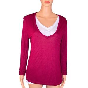 Esperanza Long Sleeve Burgundy Tee White Sewn In Tank Womens Size Large Casual